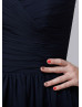 Sheer Neck Navy Blue Chiffon Affordable Bridesmaid Dress